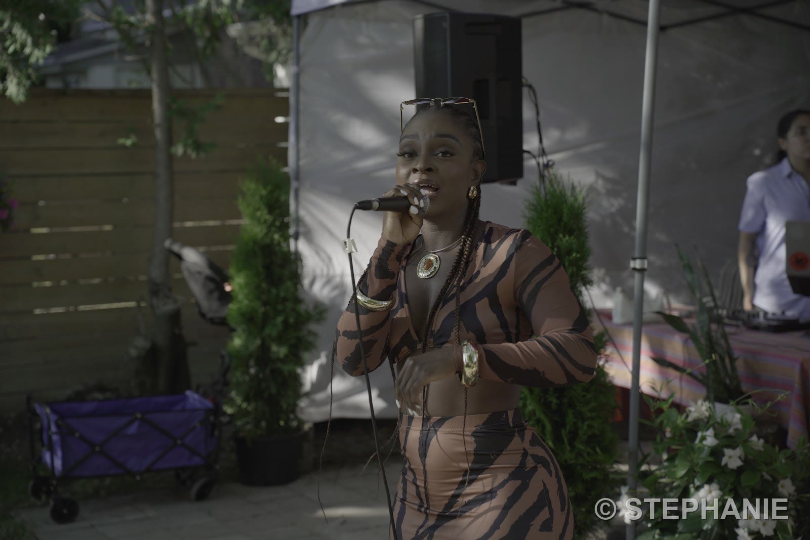 A singer in a patterned dress performing under the tent as the afternoon cools