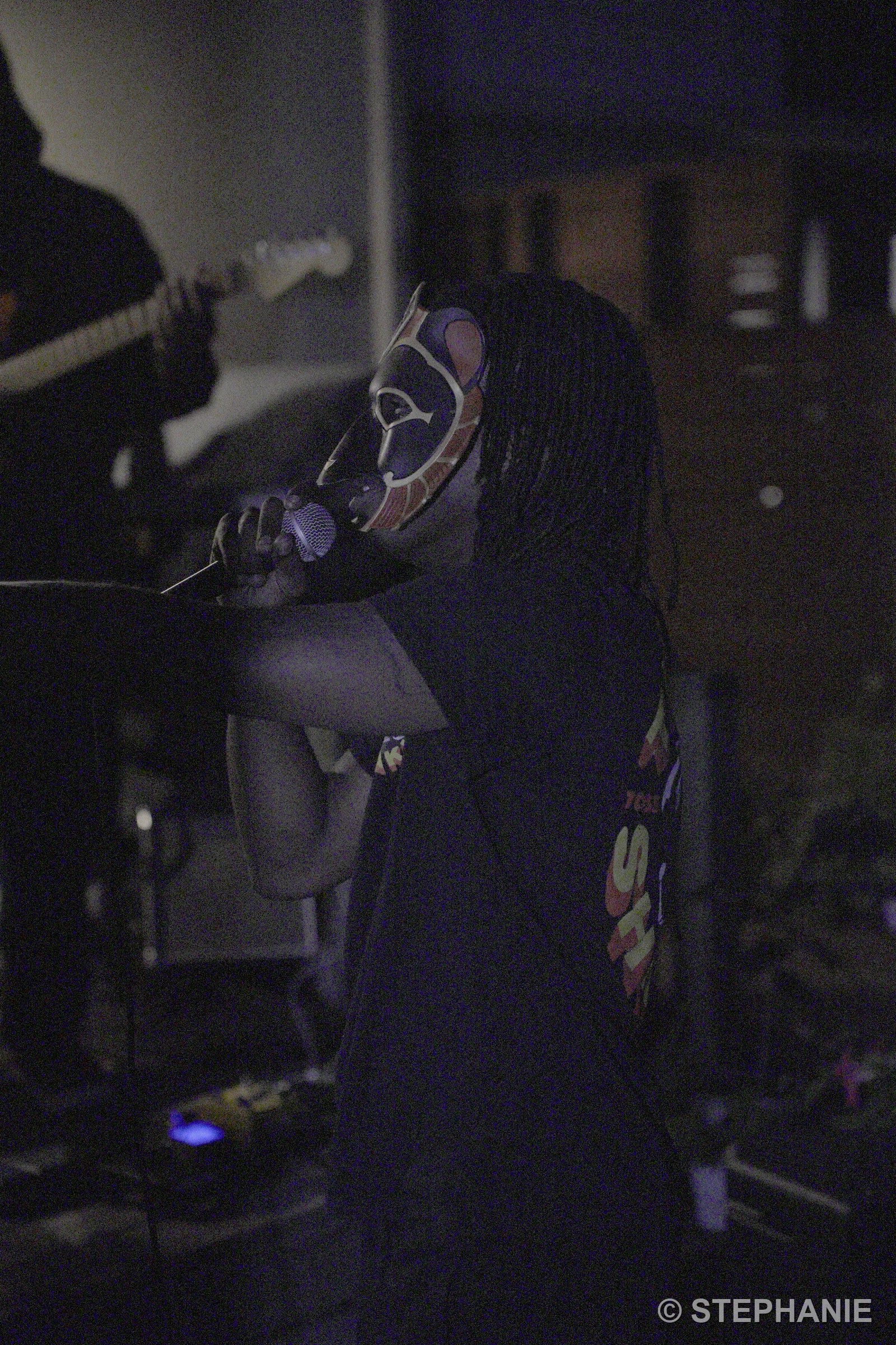 A masked performer at the mic, dreads catching the stage light